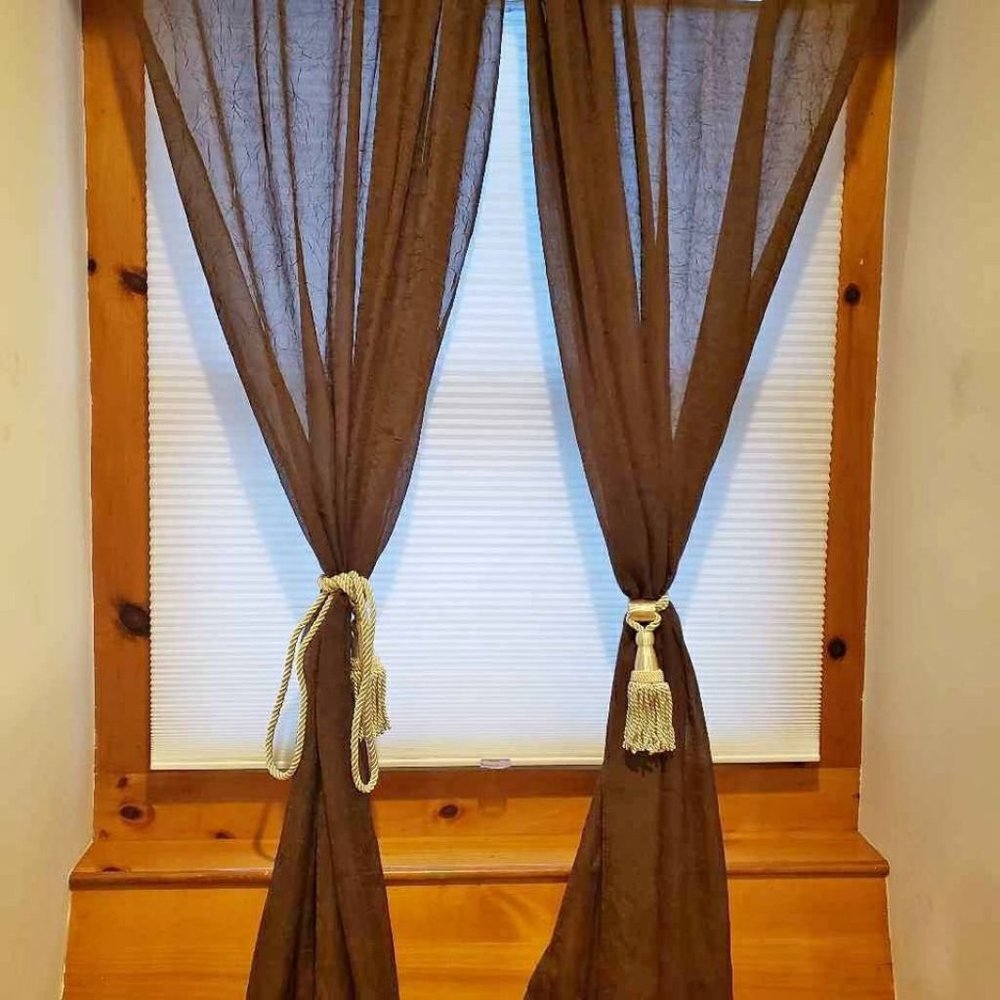 Pair of Chocolate Brown Sheer Curtains with Gold Tie Backs